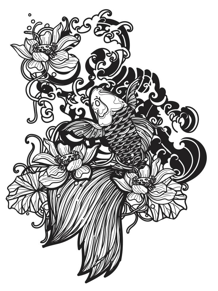 arte del tatuaje japón diseño de peces dibujo a mano y boceto en blanco y negro vector