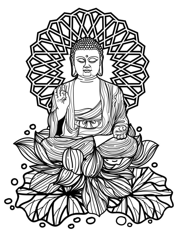 arte del tatuaje diseño de buda china en dibujo y boceto a mano de loto vector