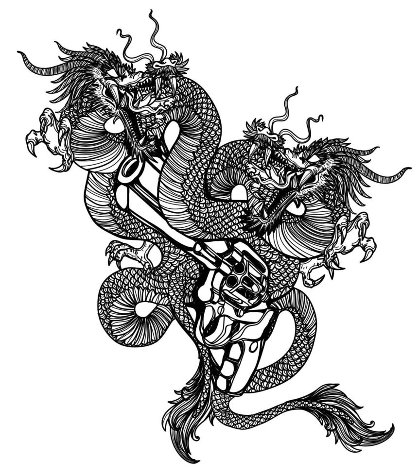 Tattoo art two dargon fly and gun hand drawing sketch black and white vector