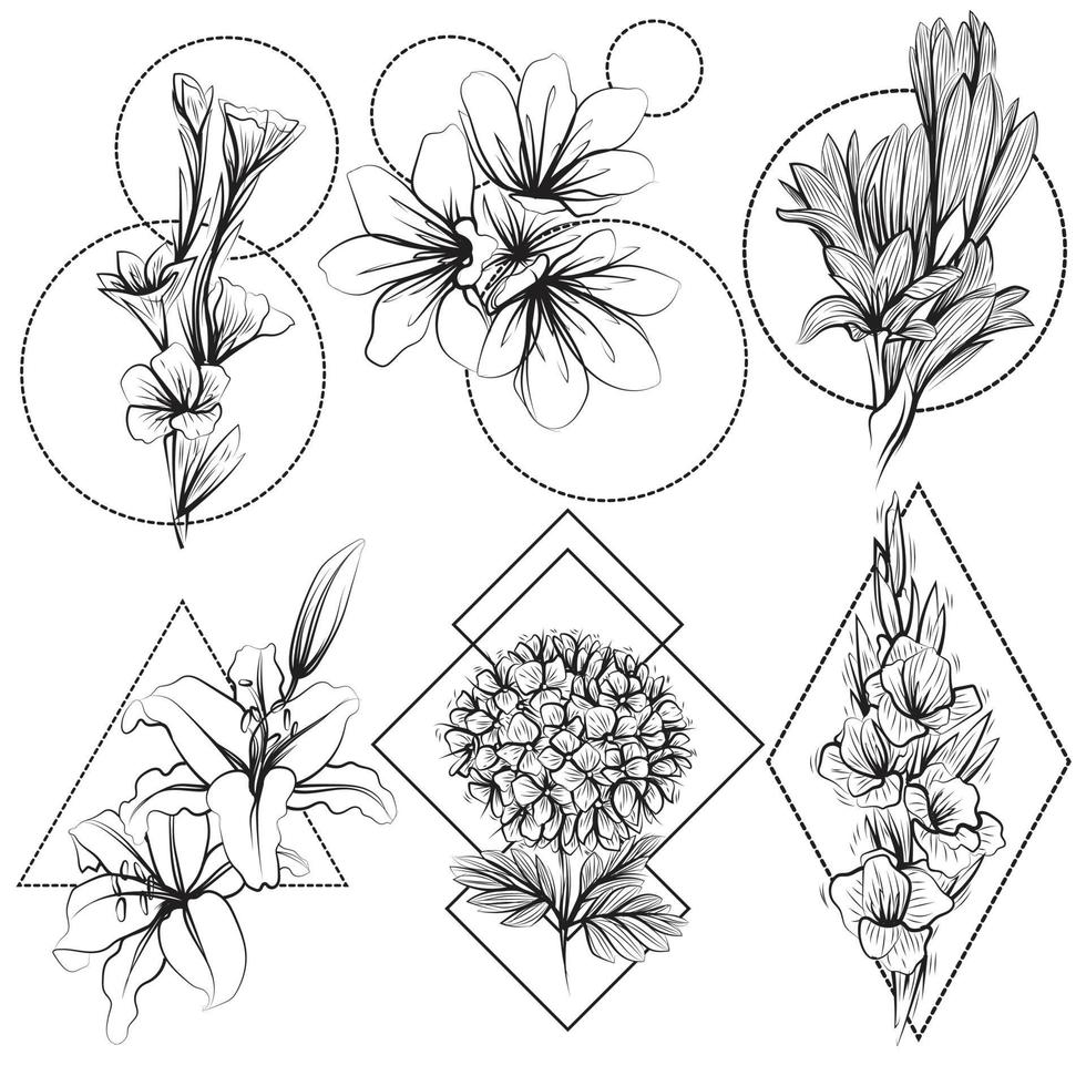 Tattoo flowers hand drawing sketch black and white vector