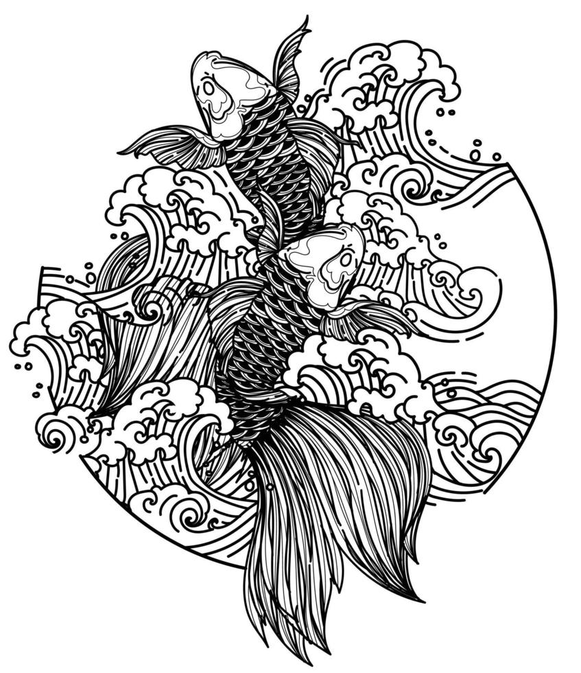 arte del tatuaje diseño de peces japoneses dibujo a mano y boceto en blanco y negro vector