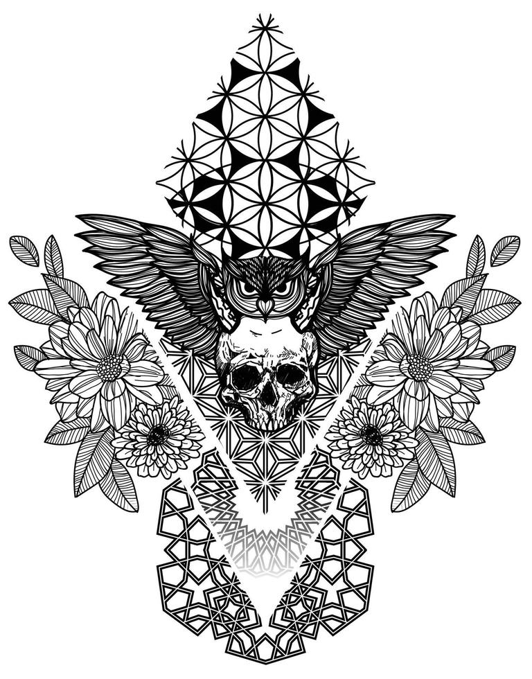 arte del tatuaje búho y calavera flor dibujo a mano boceto en blanco y negro vector