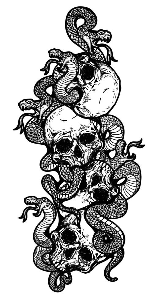 Skull tattoo art with snake drawing sketch black and white vector