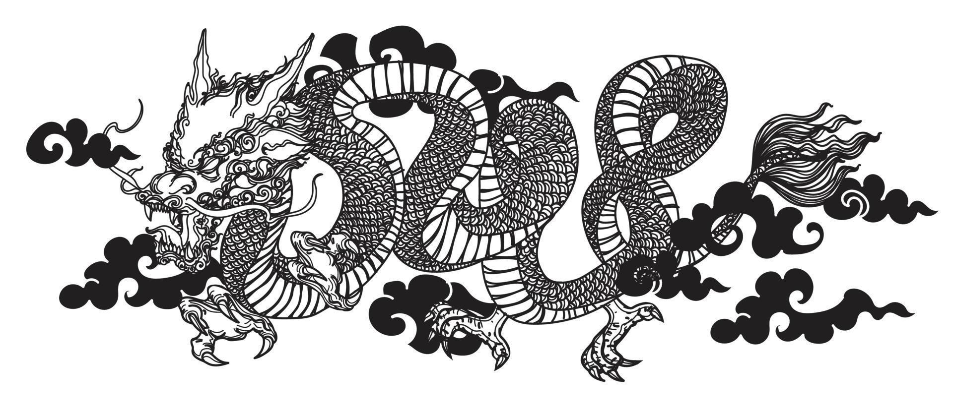 Tattoo art dargon fly hand drawing sketch black and white vector