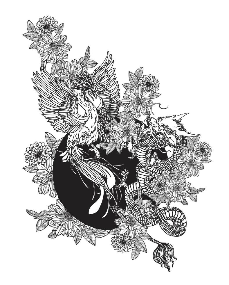 Tattoo art dargon and swan china hand drawing sketch black and white vector