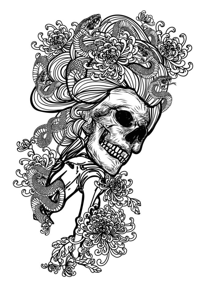 Tattoo art skull and snake flower hand drawing and sketch black and white vector