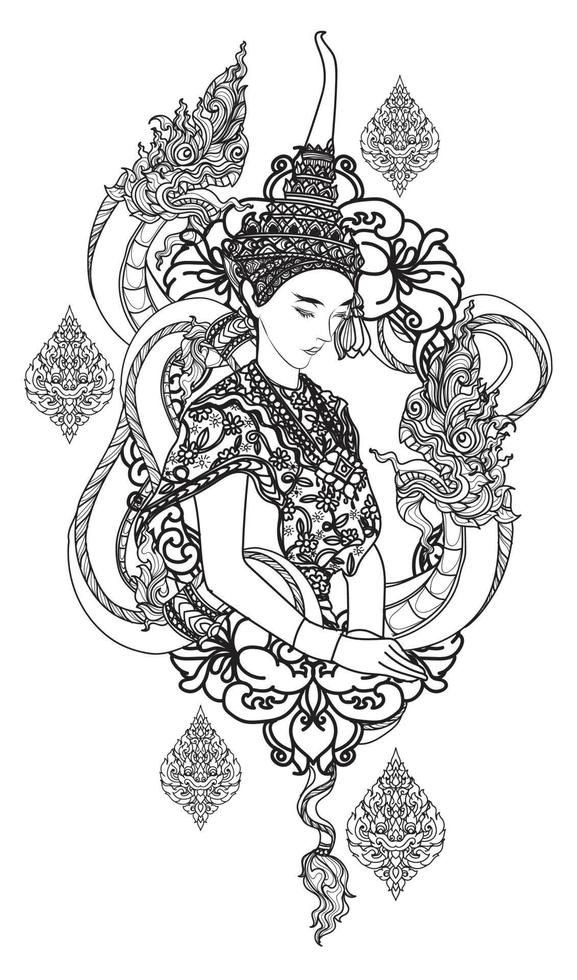 Tattoo art a woman thai dargon hand drawing and sketch vector