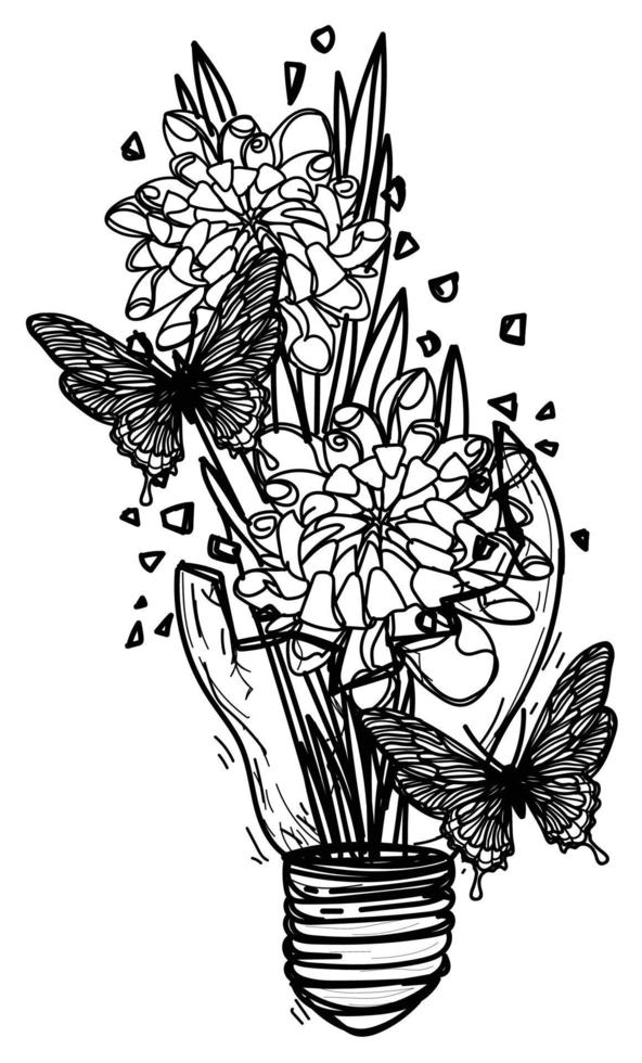 tattoo art broken light bulb and butterfly drawing sketch black and white vector