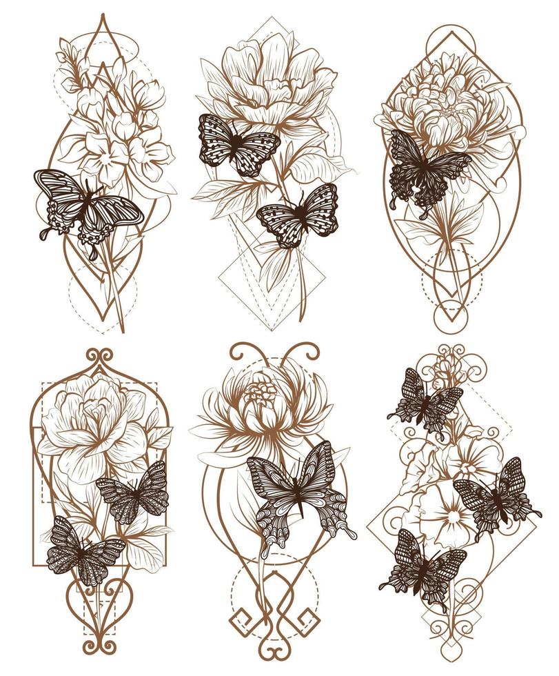 Tattoo art set butterfly sketch black and white vector