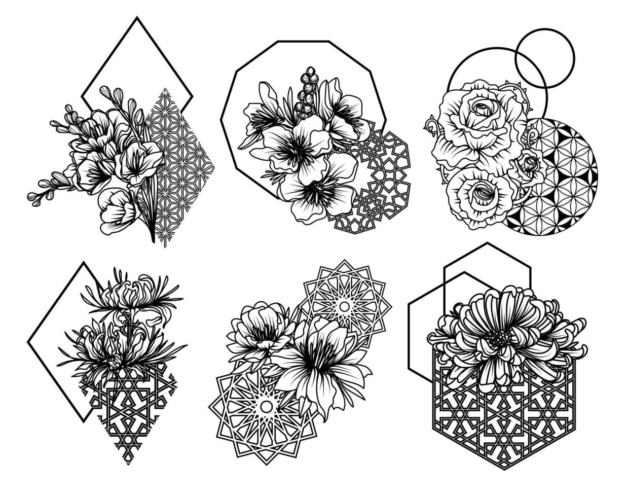 flowers set hand sketch drawing  black and white vector