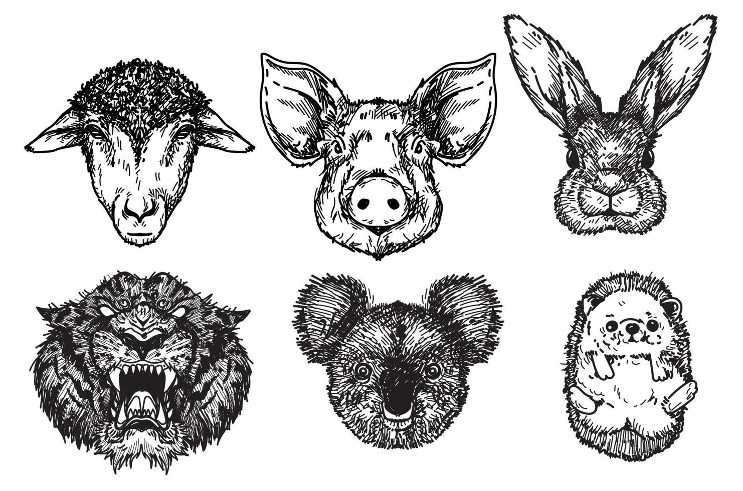 Sheep, pigs, rabbits, tigers, koalas, hedgehogs  hand drawing and sketch black and white vector