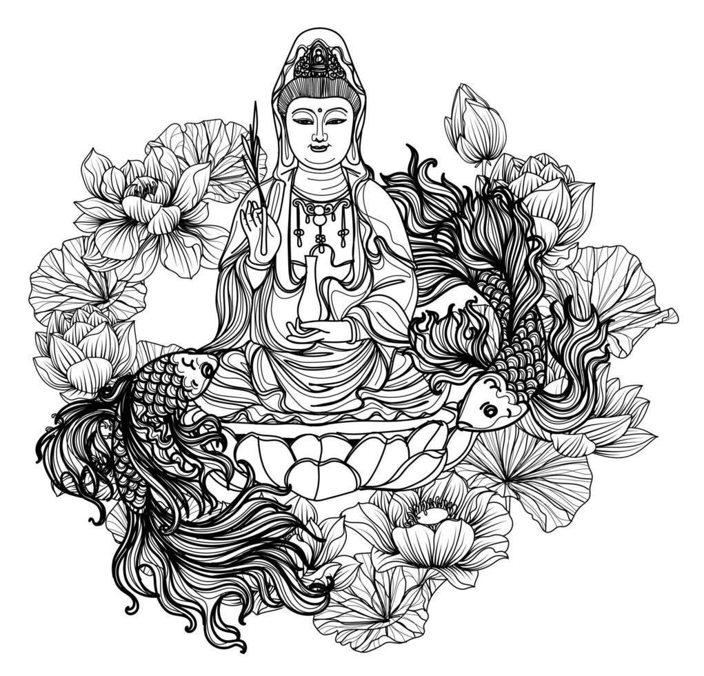 Tattoo art priest design and fish hand drawing and sketch vector