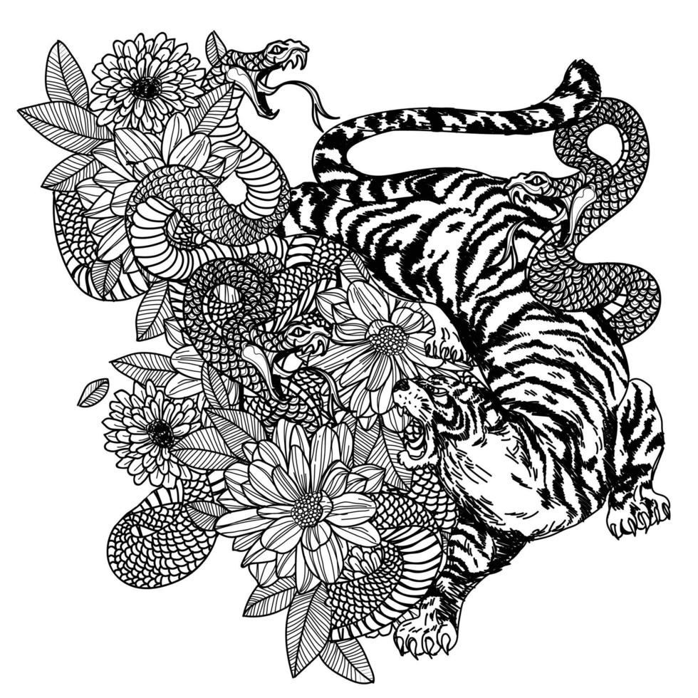 Tattoo art snake and dargon hand drawing and sketch black and white vector