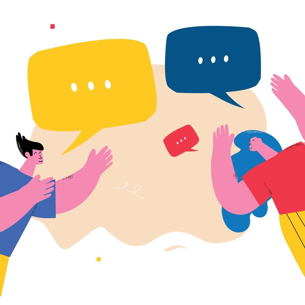 People with speech bubbles flat vector illustration. Chatting, communication, dialog, discussion, people talking