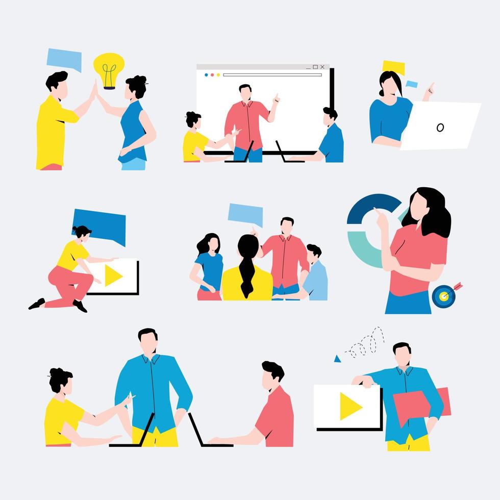 Set of flat design business concept illustrations. Collection of man and woman taking part in business and corporate activities, team work, presentation, dialog, discussion, business meeting vector