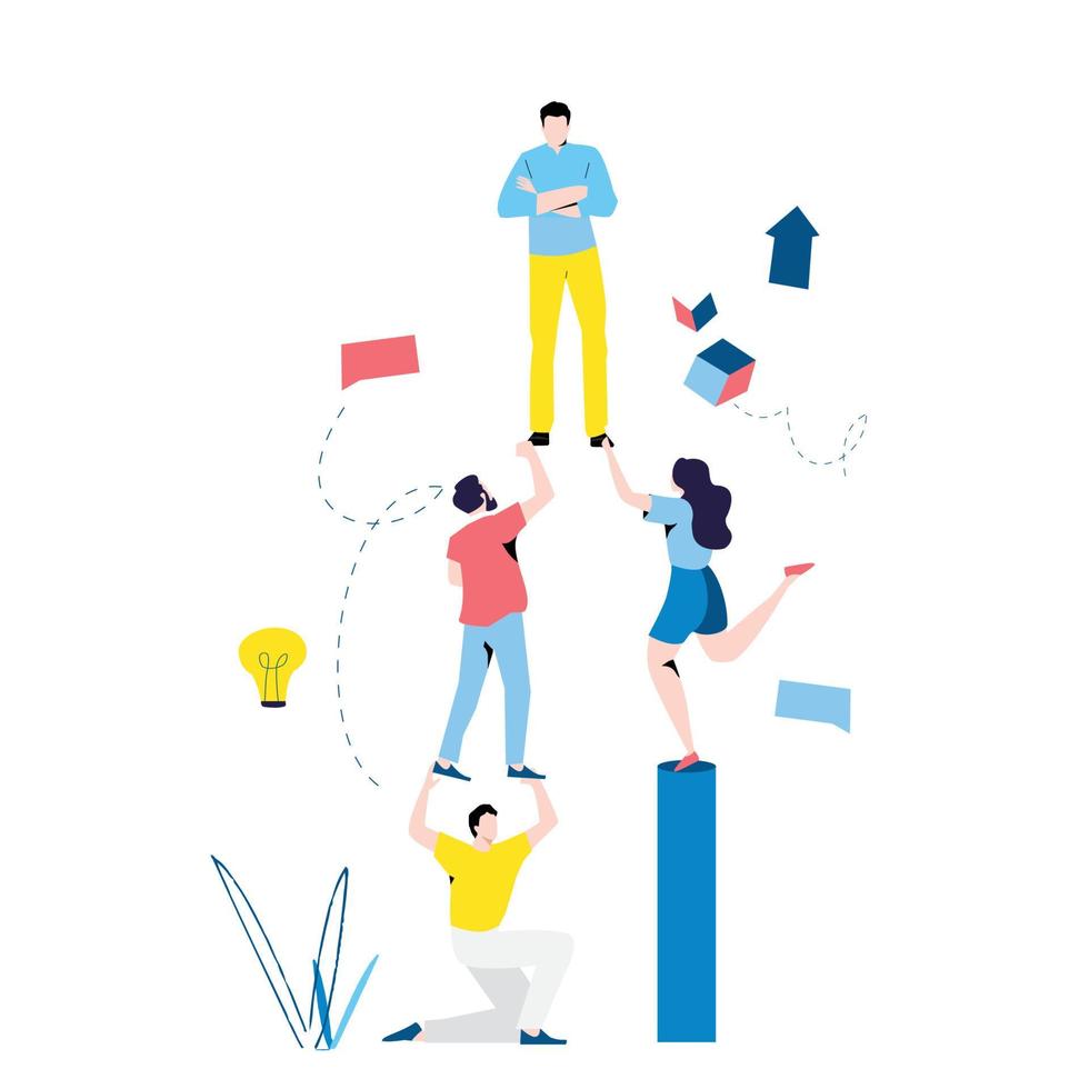 Team work and team building, corporate organization and partnership, business leadership, problem solving, innovative business approach, brainstorming, unique ideas and skills flat vector illustration