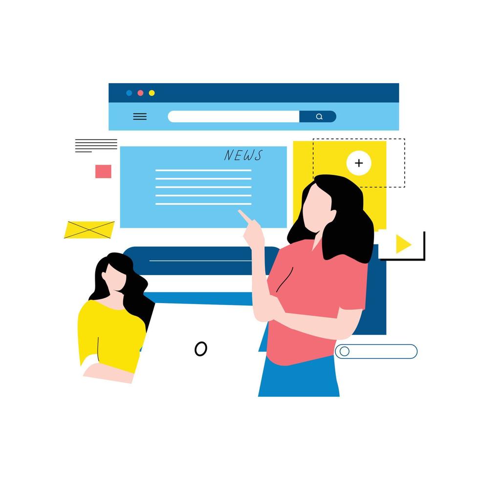 Digital content management, creating engaging online content, online news flat vector illustration design for mobile and web graphics. Website optimization, web content development concept