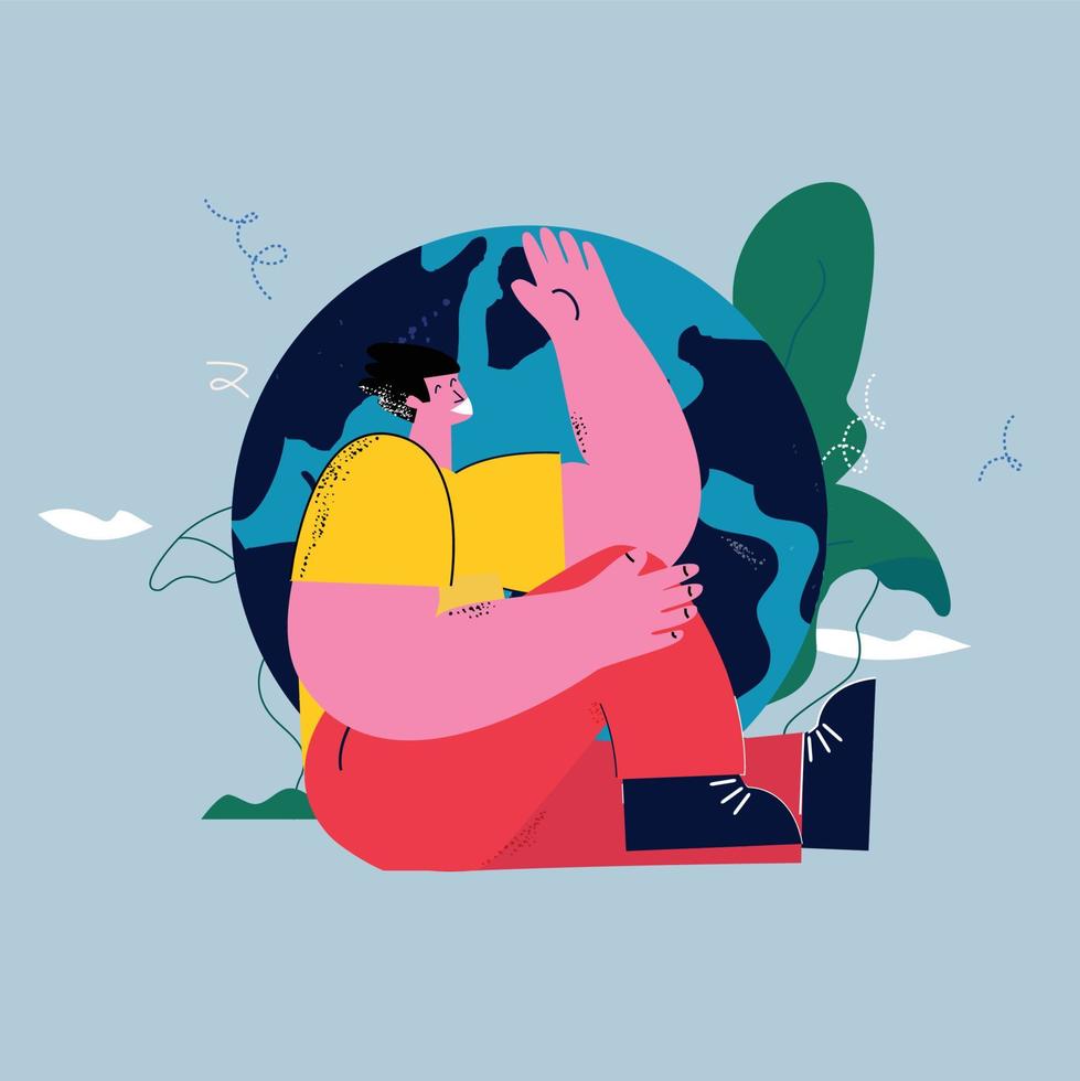 Environmental and ecological concept, save the planet. Man with planet earth flat vector illustration. Caring for our planet, protect water, soil and air from pollution. Sustainability concept