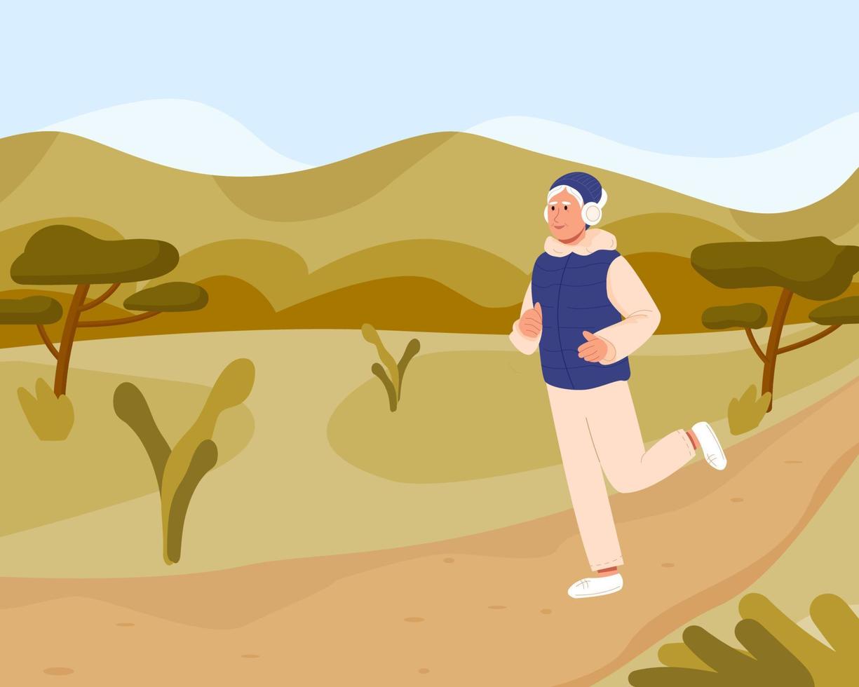 Elderly woman jogging in park in spring. Happy lady in warm sportswear runs listening to music in headphones outdoors. Sport, training and healthy lifestyle in retirement concept. vector illustartion