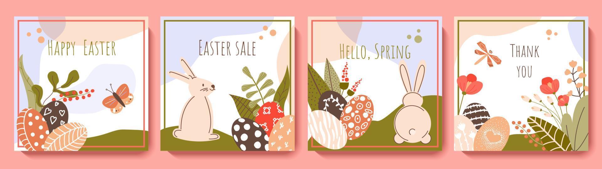 Happy Easter greeting card set. Cute spring backgrounds with rabbits, eggs, flowers, dragonfly, butterfly. Colorful vector templates for social media post, flyer, invitation, postcard square design