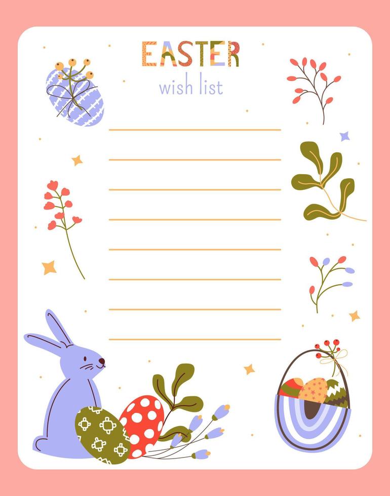 lista de deseos de pascua con lindo conejito, huevos y elementos de diseño floral. formulario en blanco para notas. ilustración vectorial de dibujos animados vector