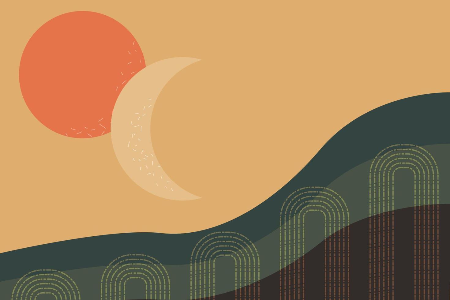 Abstract Mid Century Modern artwork. Minimalist mountains, sun, arch and moon background. Trendy boho style vector illustration