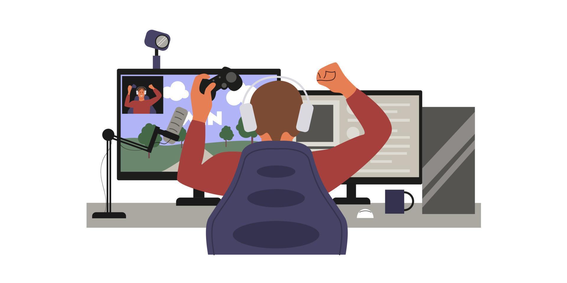 Man gamer plays network games and records the video stream process. The guy rejoices in winning the game with his hands up. View from back. Cyber sport, championship concept. Flat vector illustration