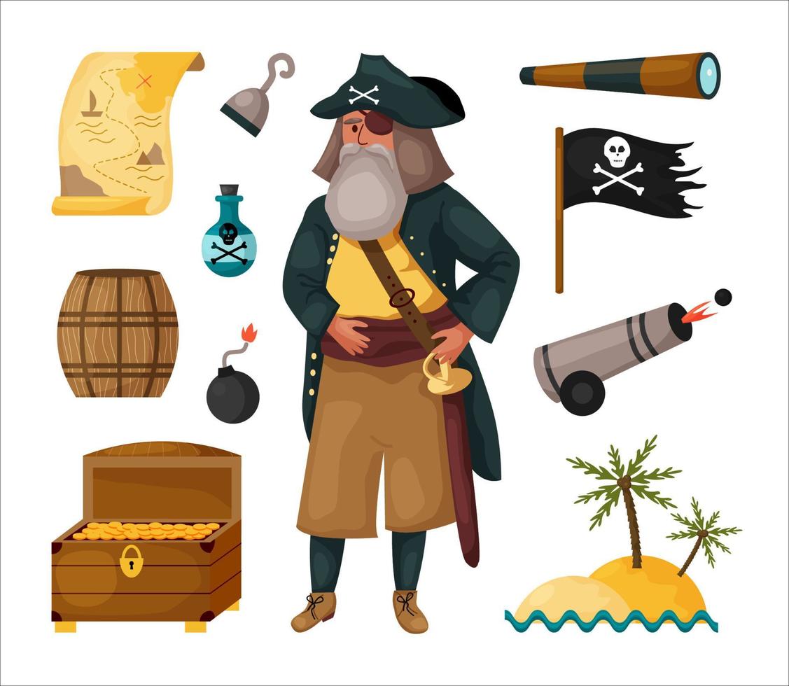 conjunto pirata con mapa, barril de madera, isla, catalejo, gancho, pistola, ron, cofre del tesoro y personaje masculino en traje de pirata con sward. paquete de artículos de piratería infantil. ilustración vectorial plana de dibujos animados vector