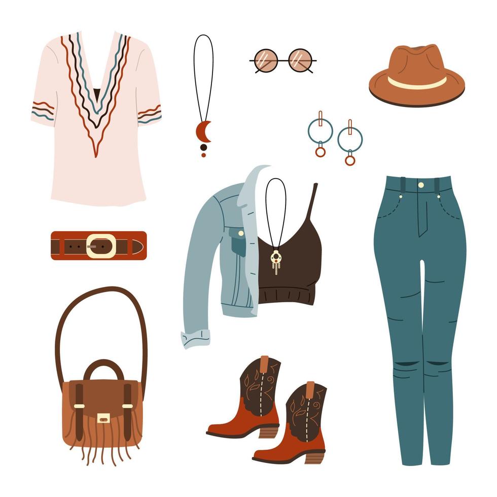 conjunto de ropa y accesorios de estilo bohemio. trajes bohemios. jeans y chaqueta, camiseta, top, sombrero, botas de moda, bolso, anteojos y joyas. ilustración vectorial plana aislada sobre fondo blanco vector