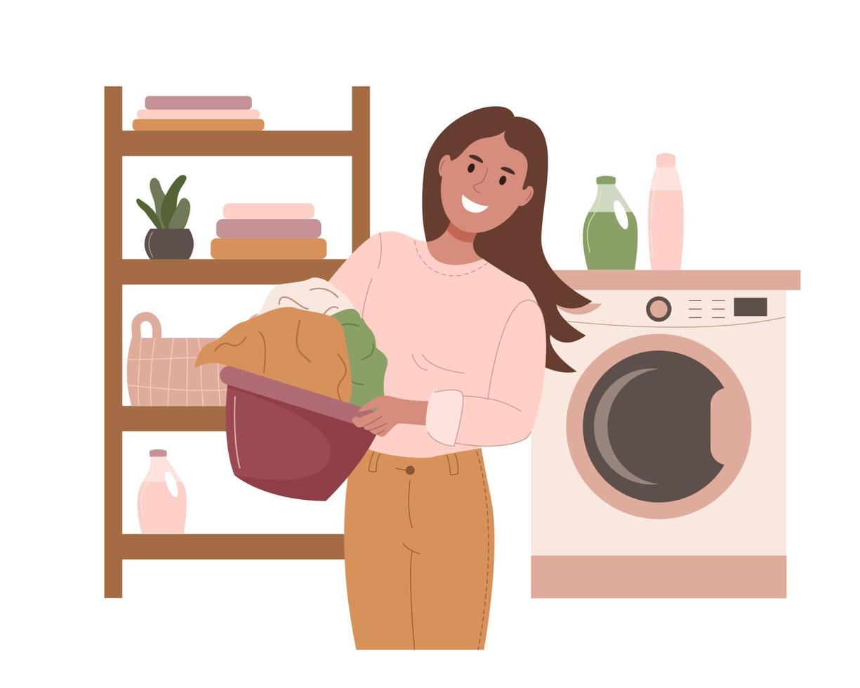 mujer feliz lavando ropa en el baño. un joven sostiene una canasta con ropa limpia y lavada. ilustración de vector de personaje femenino de dibujos animados aislado sobre fondo blanco
