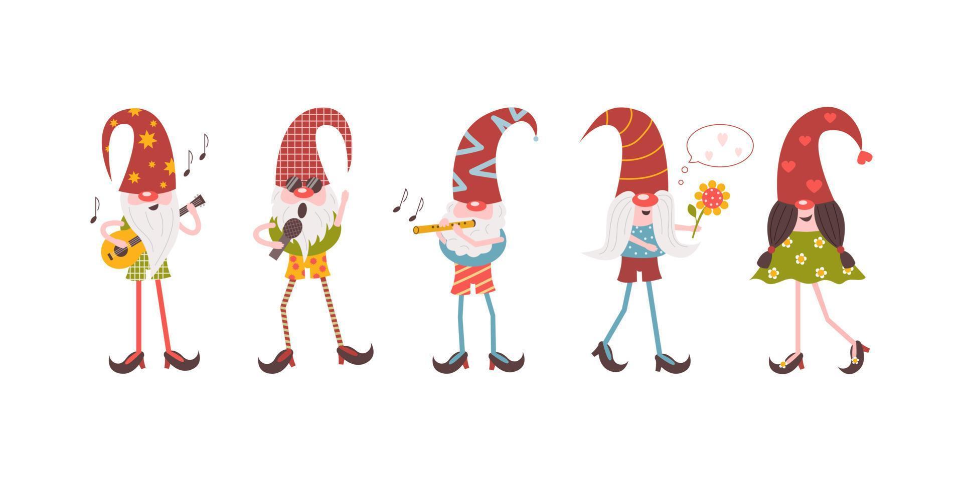 Musical group of bearded gnomes and a couple of characters in love. Set of Cartoon Elves with Musical Instruments. Cute fairytale vector illustration