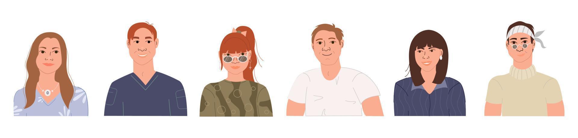 Adorable and happy guys and girls set. Portraits of male and female smiling cartoon characters. Man and woman faces collection. Flat vector illustration