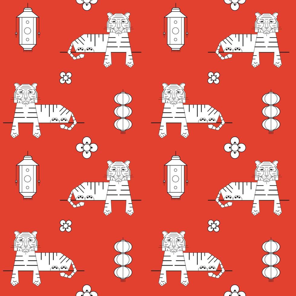 Abstract geometric tiger seamless pattern. Symbol of the Chinese New Year. Lying animal and china lanterns. Vector red texture