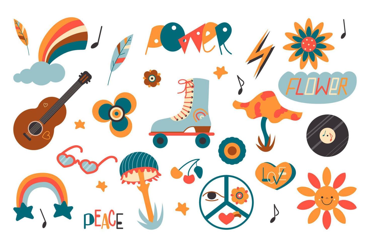 Hippie retro colorful icons set in cartoon style. Vintage collection of hipster elements. 1970s color sign logo. Flat vector illustration isolated on white background