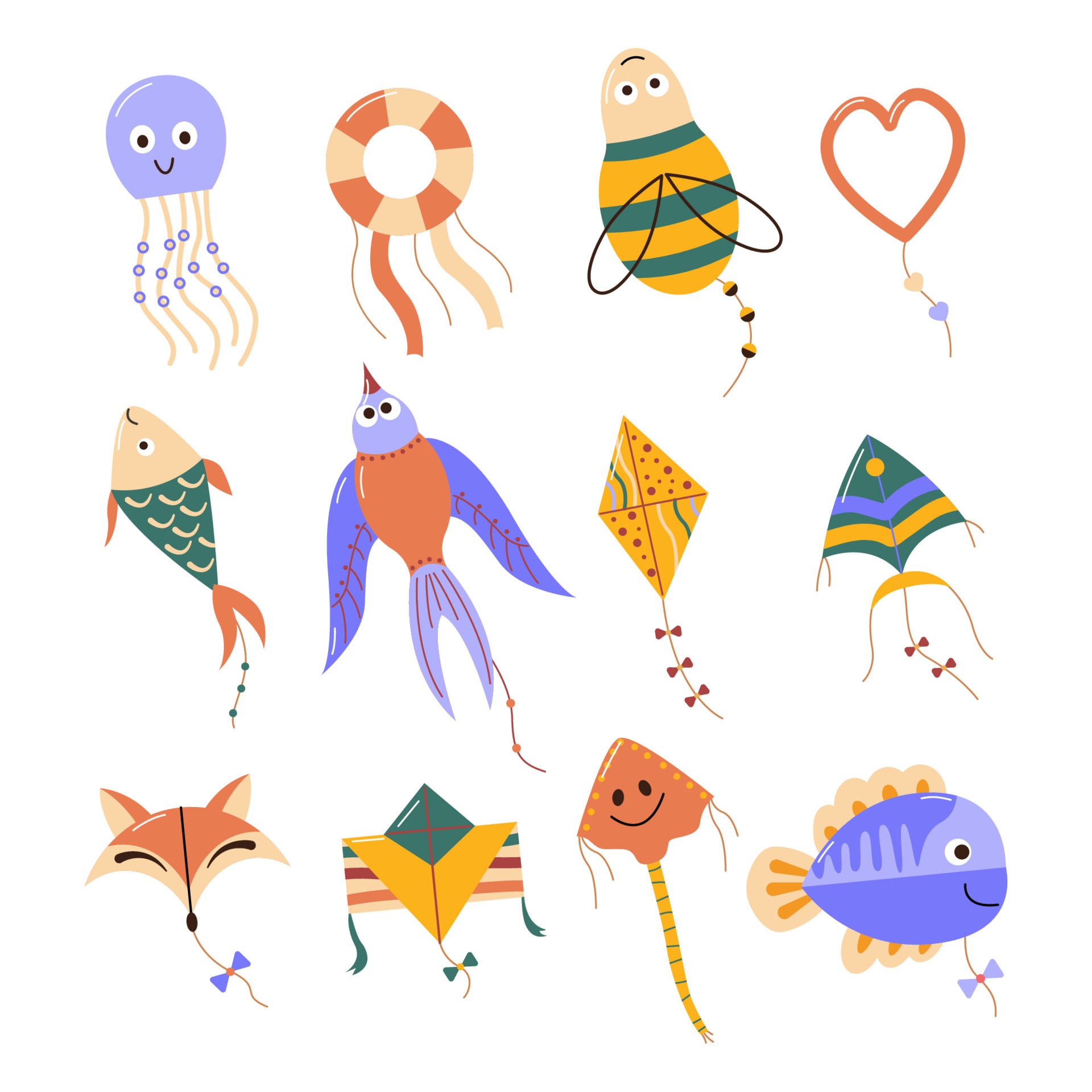 Cartoon flying kites set. Colorful elements of different shapes of air