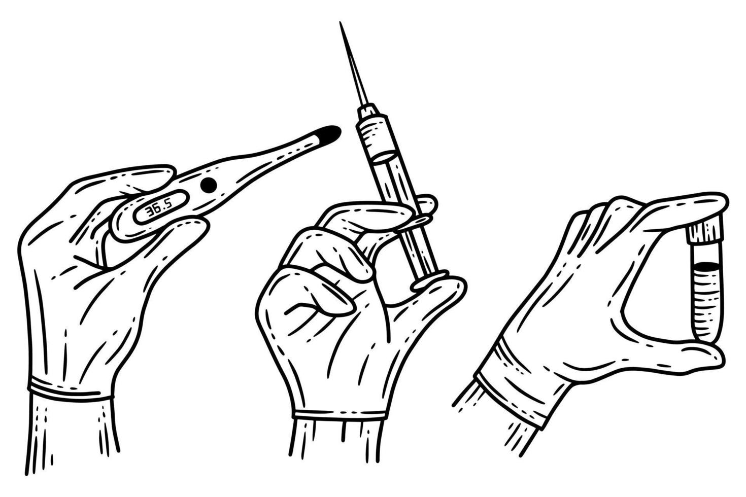 establecer el gesto de la mano del médico con guantes ilustración de arte de línea de hospital vector