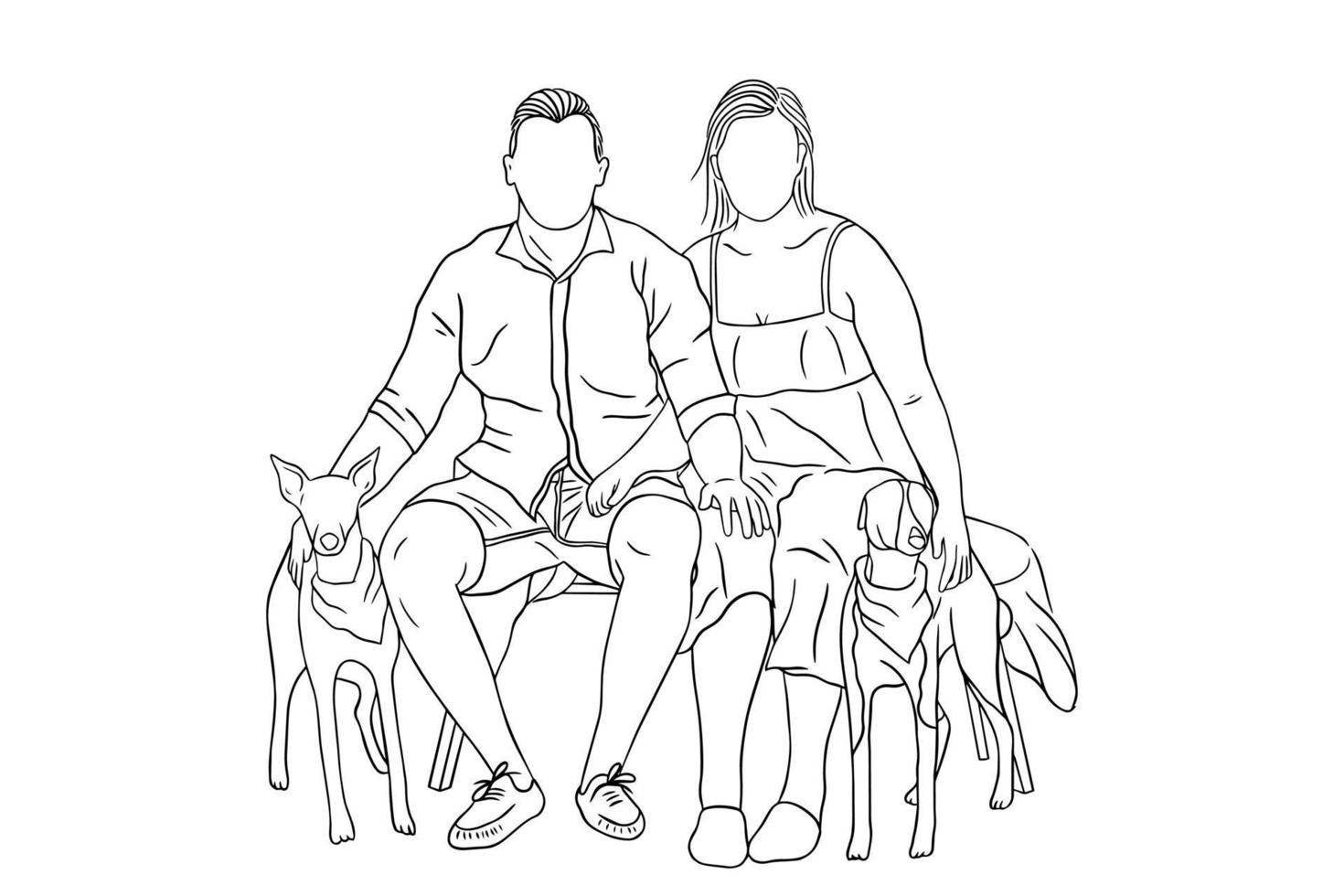 Set Line Art Couple Woman and Men Happy Relationship with dog pet illustration vector