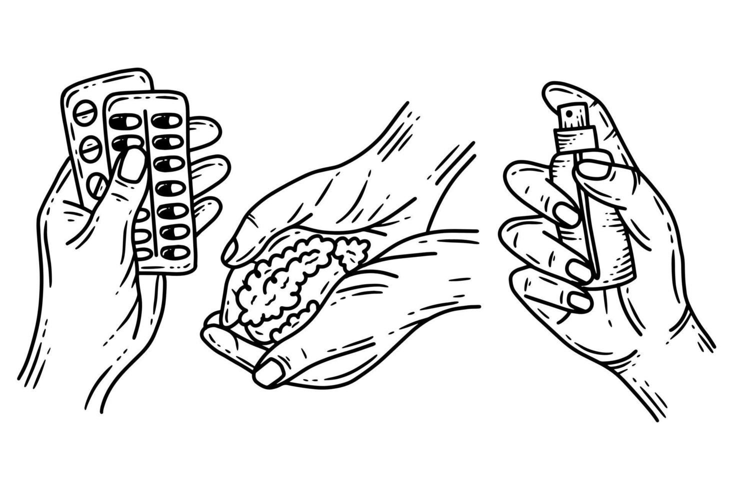 establecer el gesto de la mano del médico con guantes ilustración de arte de línea de hospital vector