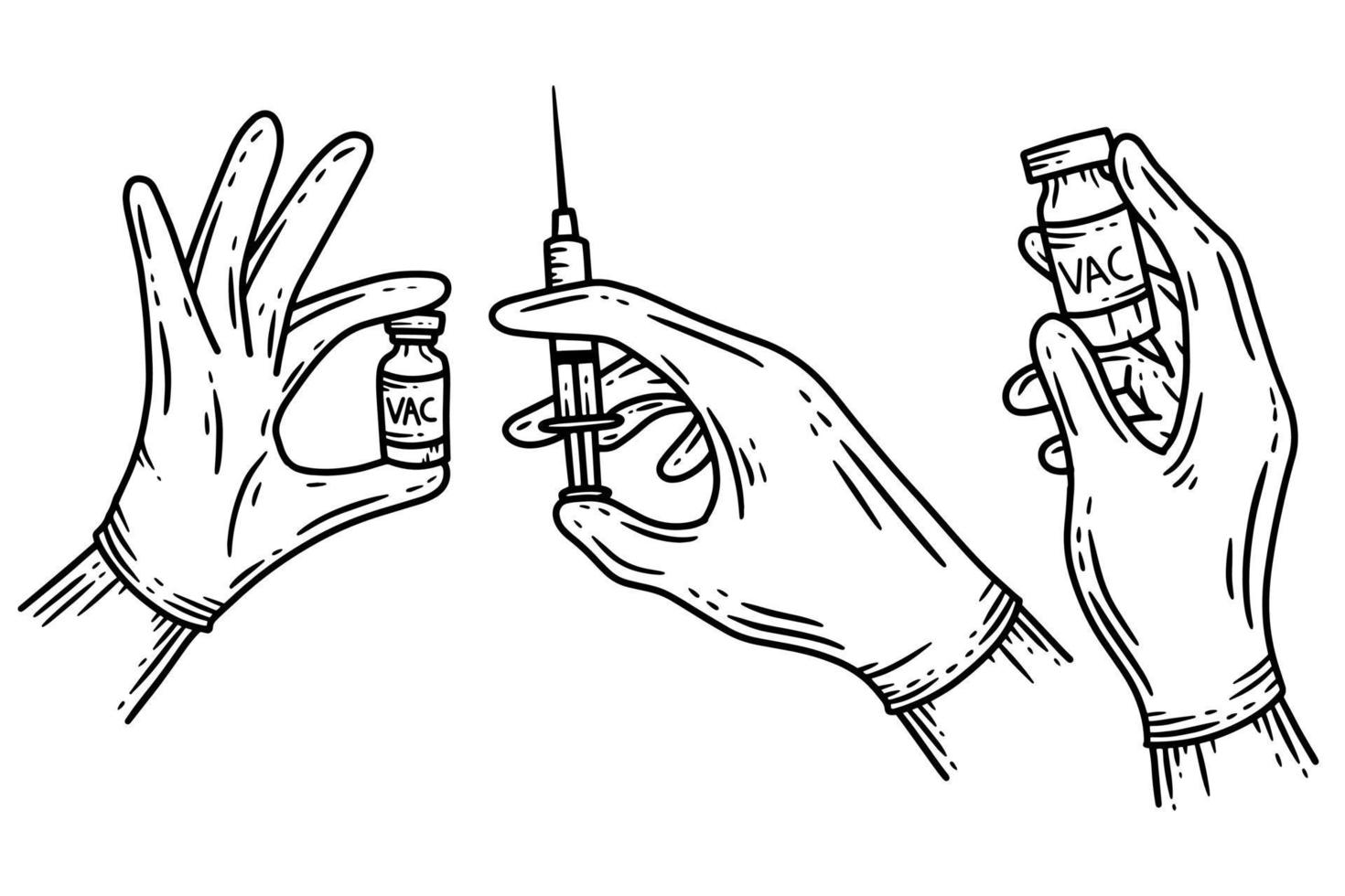 establecer el gesto de la mano del médico con guantes ilustración de arte de línea de hospital vector