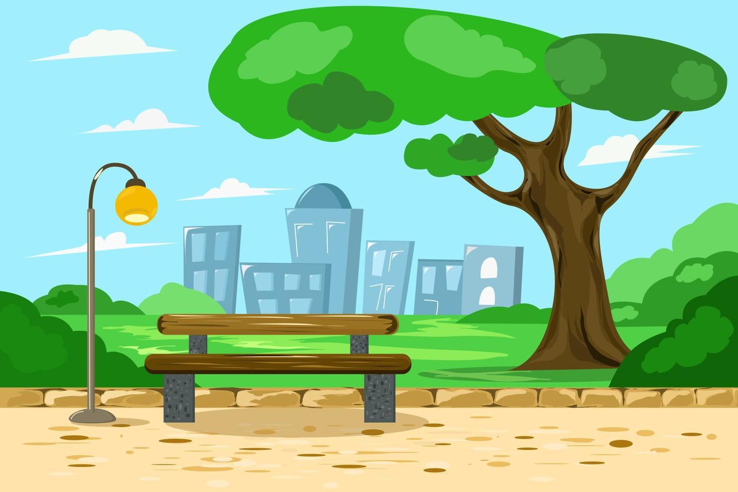 A city park with a bench and a street lamp. vector