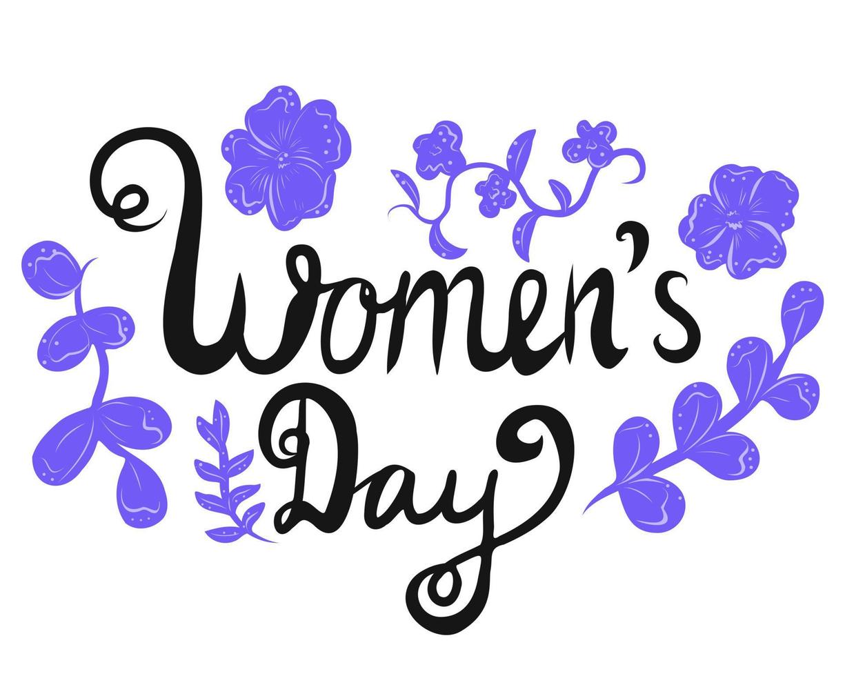 la inscripción día de la mujer y flores lilas. vector