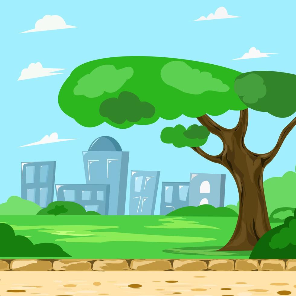 A city park with trees and bushes and houses. vector