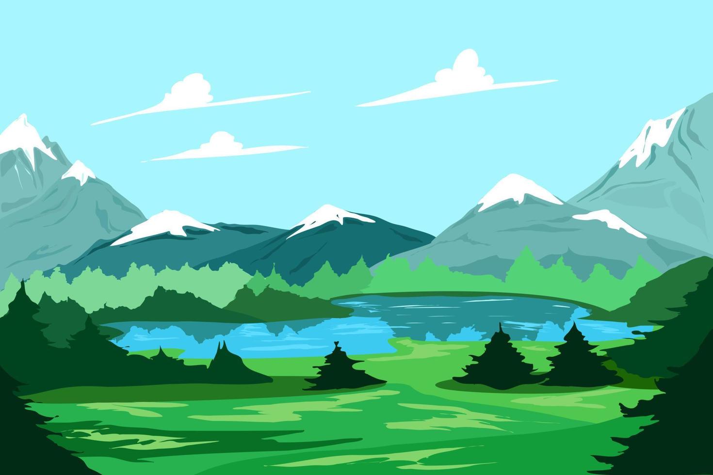 paisaje de montaña con un lago y árboles. vector