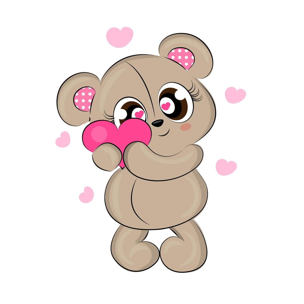 Teddy bear with heart cute with character, line design, funny doodle, vector illustration