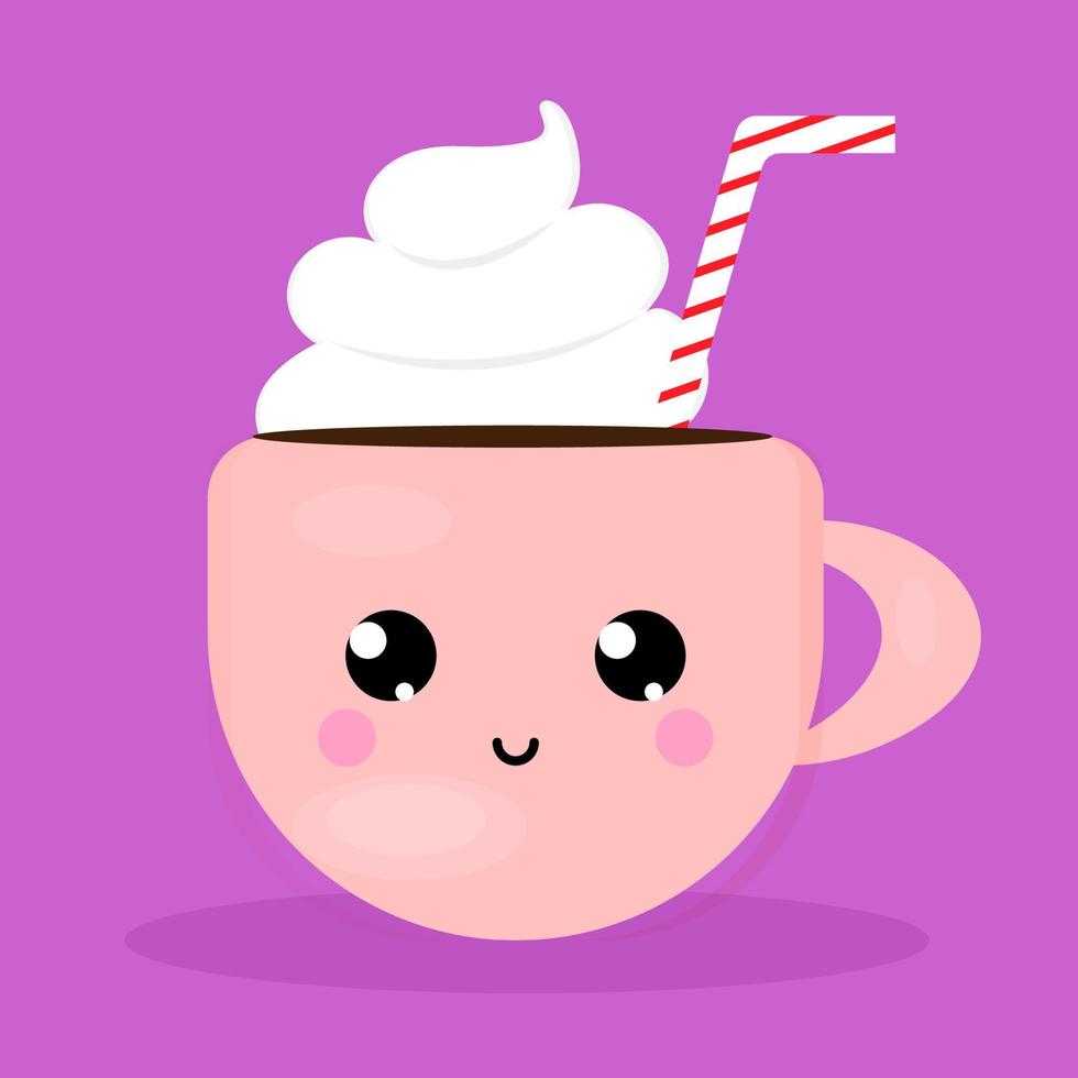 Cute cup character in a trendy kawaii style hot drink with cream and a pipe, print on a textile t-shirt, or packaging vector