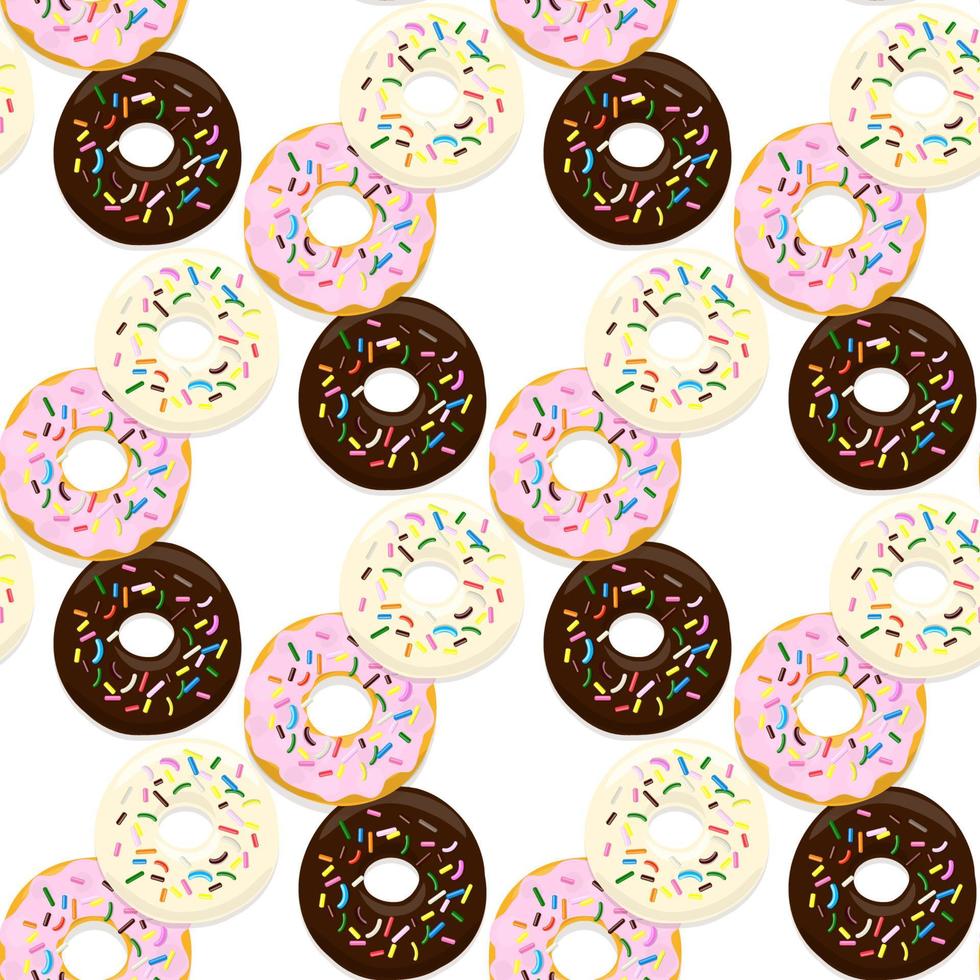 Vector  seamless pattern illustration of donuts in chocolate, pink and light glaze on a white background.
