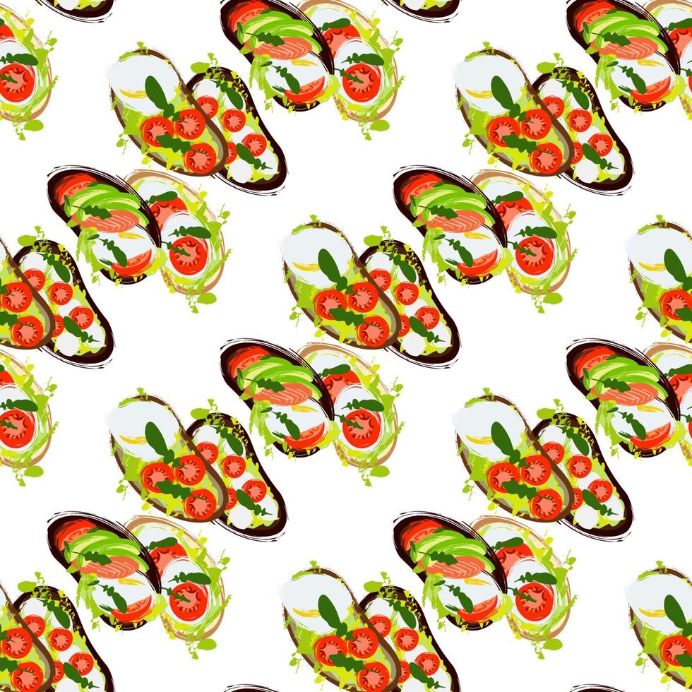 Seamless pattern of sandwiches with avocado, tomato, egg, arugula on a white background Vector