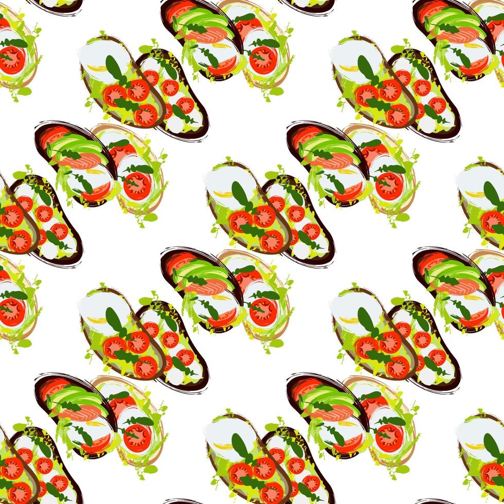 Seamless pattern of sandwiches with avocado, tomato, egg, arugula on a white background Vector