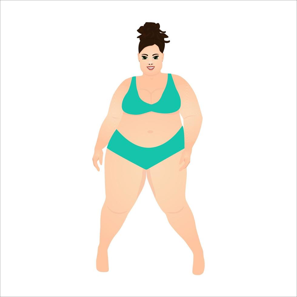 Cute smiling fat girl in a blue swimsuit. vector