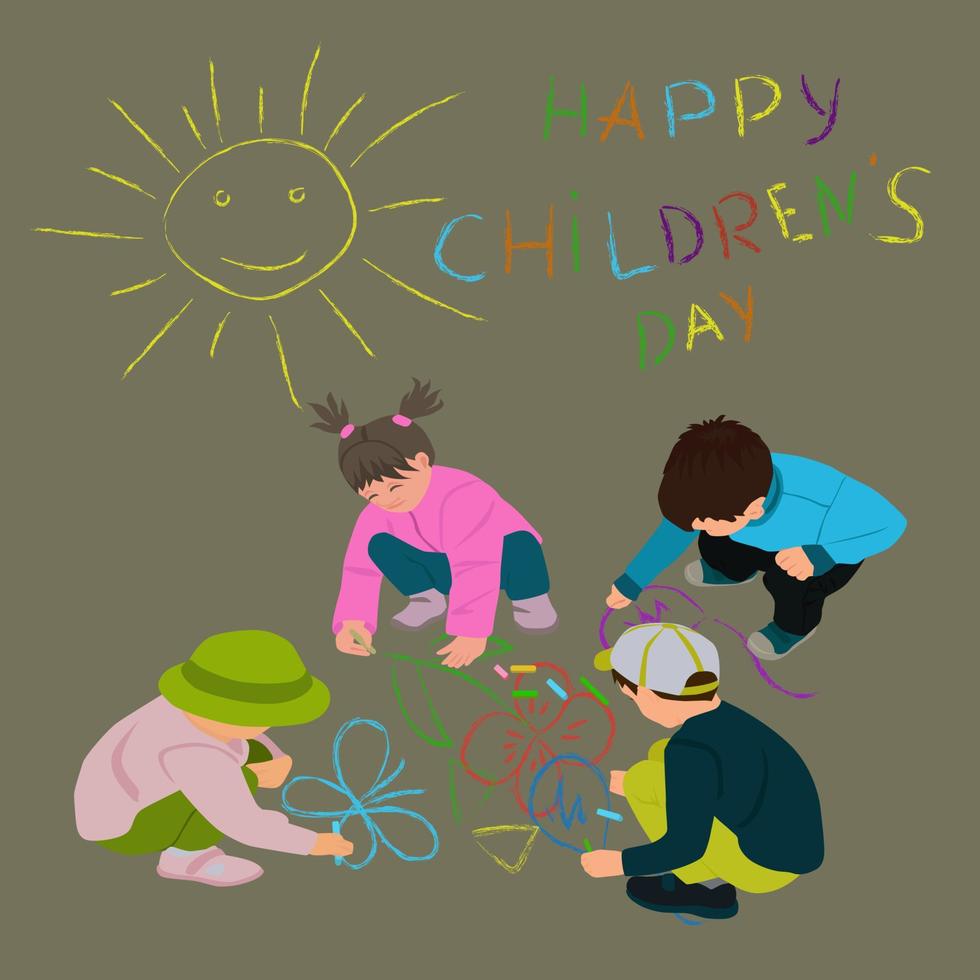 Children draw with colored chalks on the asphalt. vector